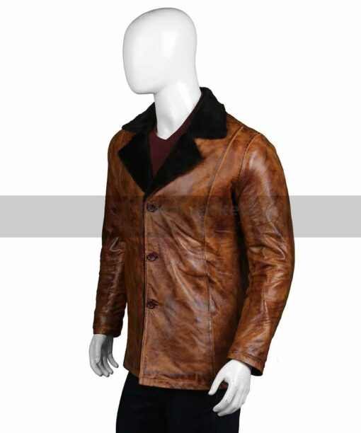 Men Distressed Brown Shearling Leather Coat