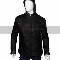 Mens Black Leather Hooded Jacket