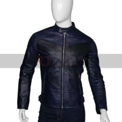 Mens Cafe Racer Navy Blue Leather Jacket