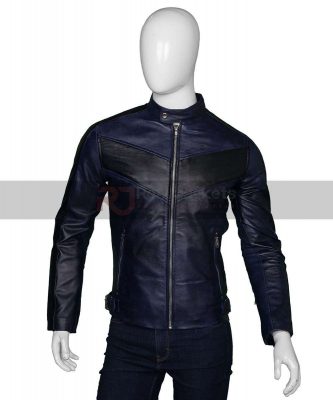 Mens Cafe Racer Navy Blue Leather Jacket