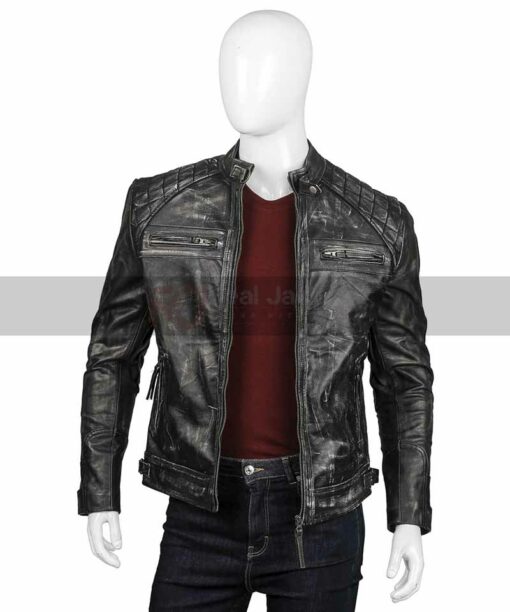 Mens Shoulder Design Distressed Black Leather Jacket