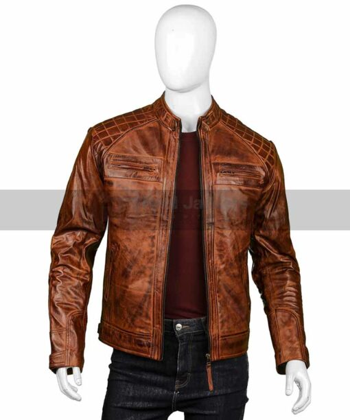 Shoulder Design Brown Leather Cafe Racer Jacket