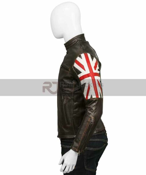 UK Flag Mens Cafe Racer Brown Leather Jacket