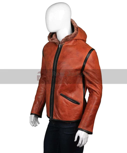 Mens Brown Leather Hooded Shearling Jacket