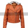 Womens Orange Detachable Hooded Leather Jacket