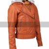 Womens Orange Leather Hooded Jacket