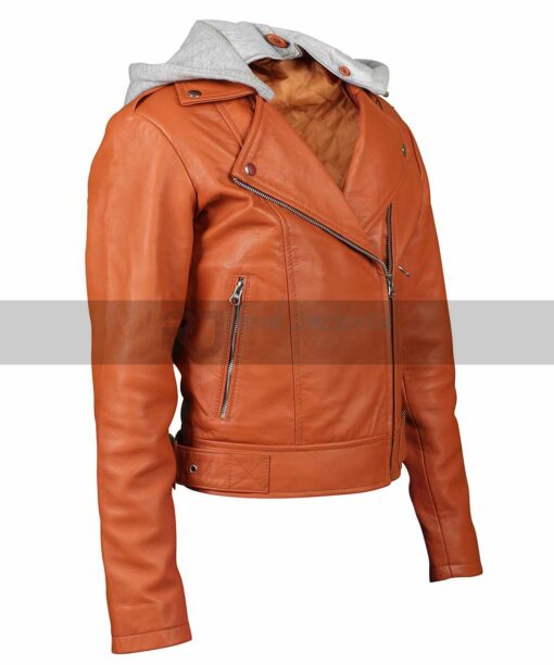 Womens Orange Leather Hooded Jacket
