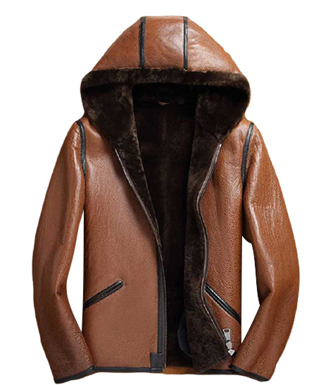 Brown lambskin Shearling Leather Hooded Jacket