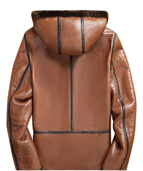 Mens Brown lambskin Shearling Original Leather Hooded Jacket