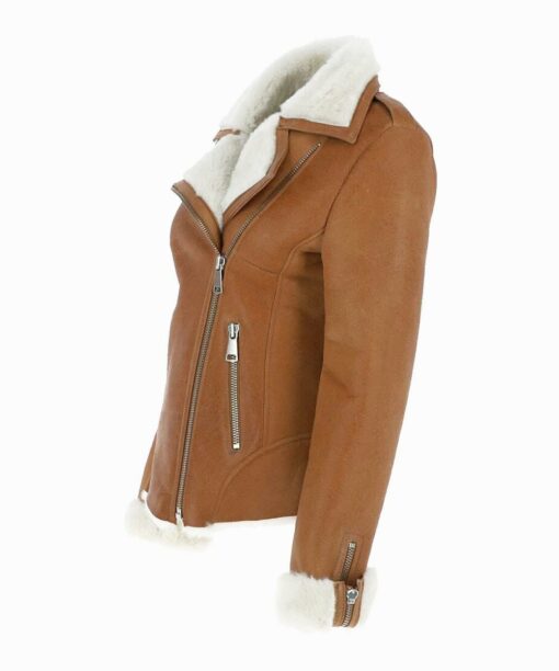 Womens Tan Brown Shearling Leather Jacket Left Side