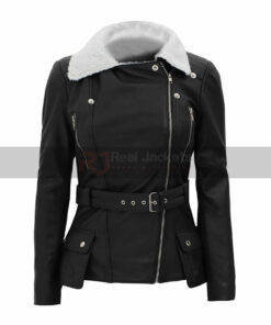 Womens White Fur Collar Leather Jacket