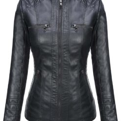 Women Biker Hooded Black Leather Jacket