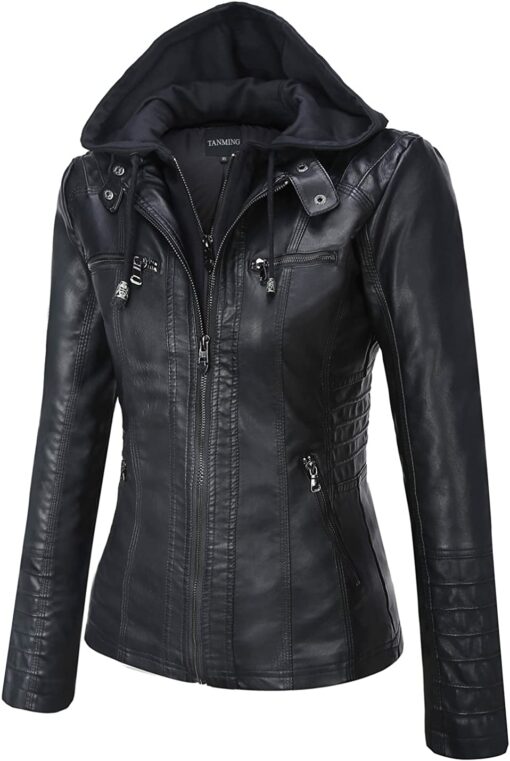 Women Biker Hooded Black Leather Jacket