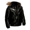 Men Black Leather Bomber Fur Jacket