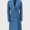 Womens Double-Breasted Long Blue Fleece Coat