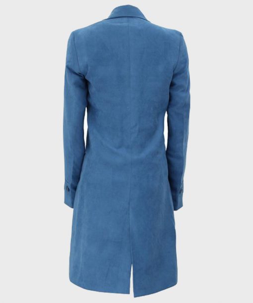 Womens Double-Breasted Long Blue Fleece Coat