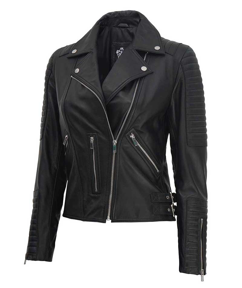Women's Bari Black Leather Jacket | Women's Biker Black Leather Jacket
