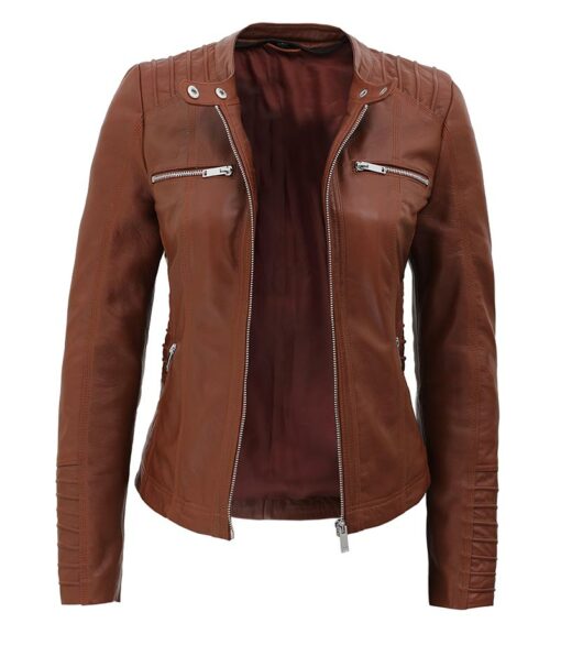 Women Brown Leather Jacket with Hood