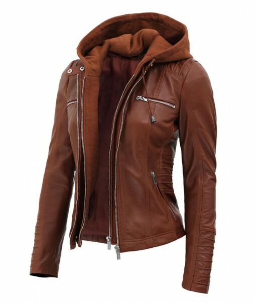 Women Brown Leather Jacket with Hood
