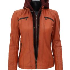 womens hooded leather jacket tan brown