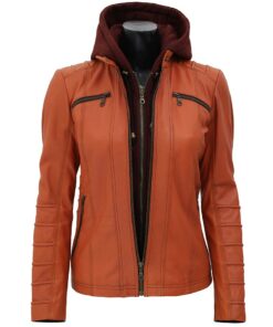 womens hooded leather jacket tan brown