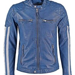 Mens Cafe Racer Leather Biker Jacket Blue with White Stripes