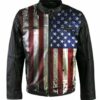 Mens Vintage USA Flag Bliker Black Leather Jacket