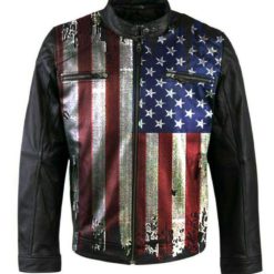 Mens Vintage USA Flag Bliker Black Leather Jacket