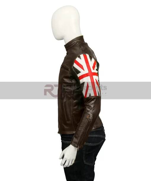 UK Flag Cafe Racer Brown Leather Jacket