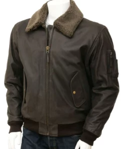 Men’s Fur Collar Black Leather Bomber Jacket
