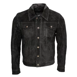 Mens-Shirt-Style-Collar-Black-Suede-Leather-Jacket
