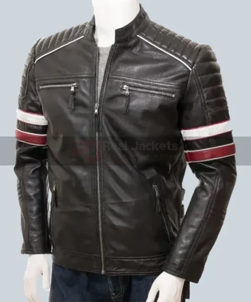 Mens Quilted Cafe Racer Black Leather Jacket