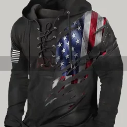 USA Flag Print Lace-Up Black Hoodie