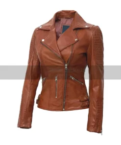 Women Racer Brown Leather Jacket