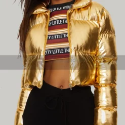 Women's Gold Metallic Cropped Puffer Jacket