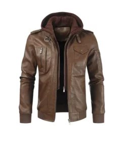 Brown Leather Hooded Rider Jacket