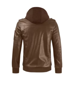 Brown Leather Hooded Rider Jacket For Men