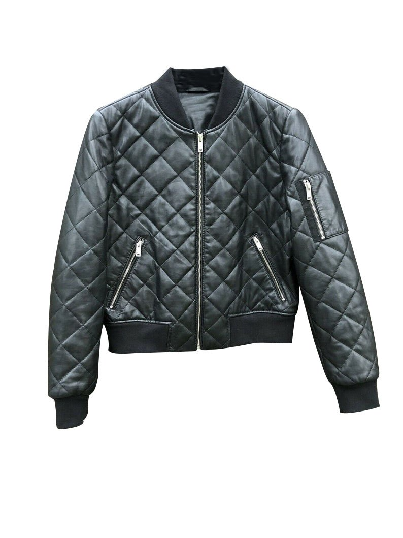 Black Quilted Leather Bomber Jacket For Women - RJackets