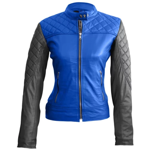 Women's Quilted Blue & Black Leather Jacket