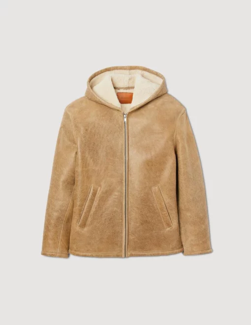 Stylish Beige Hooded Leather Jacket
